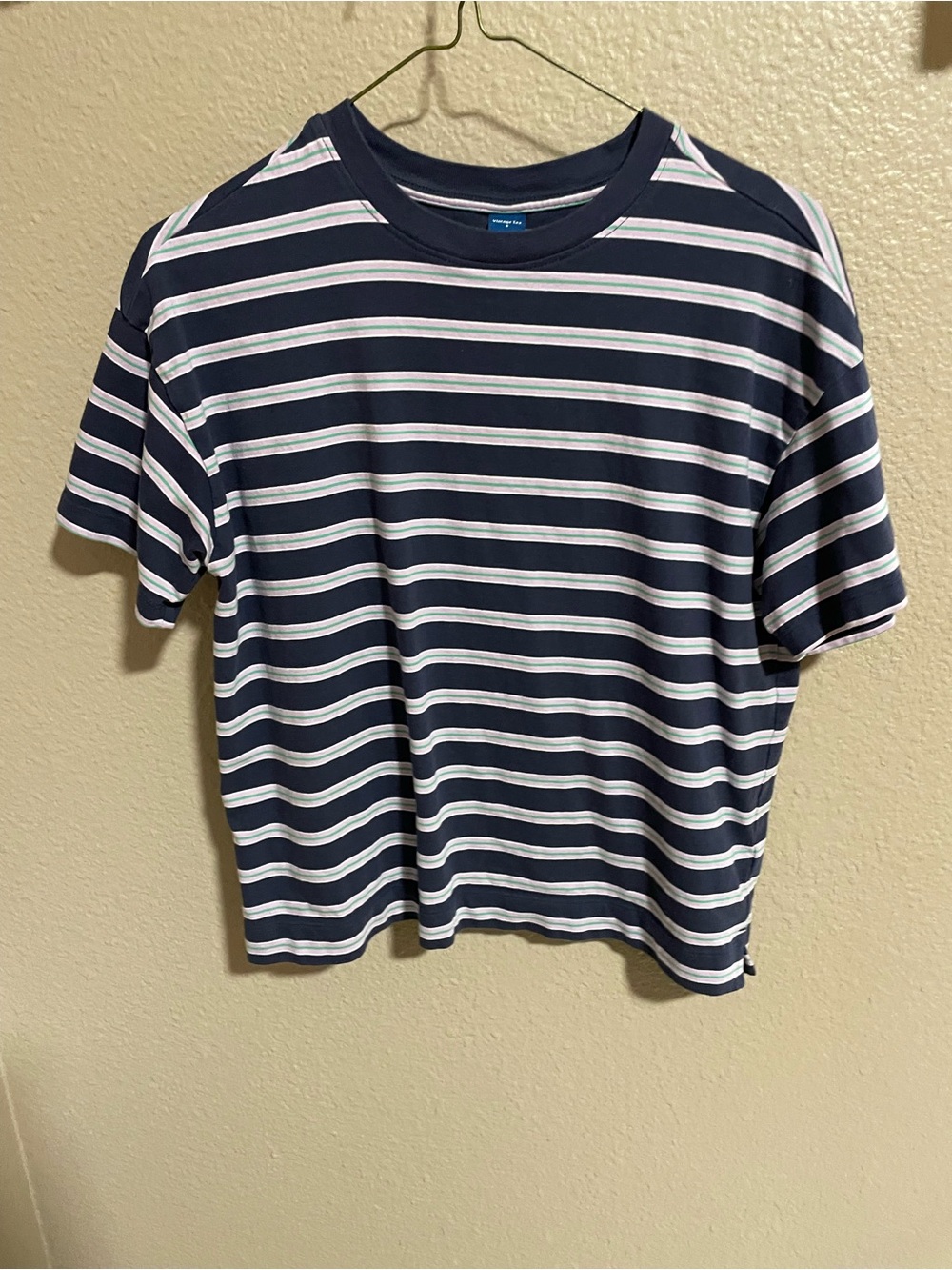 Old Navy Navy, Lilac and White Striped Short Sleeve Crewneck Tee